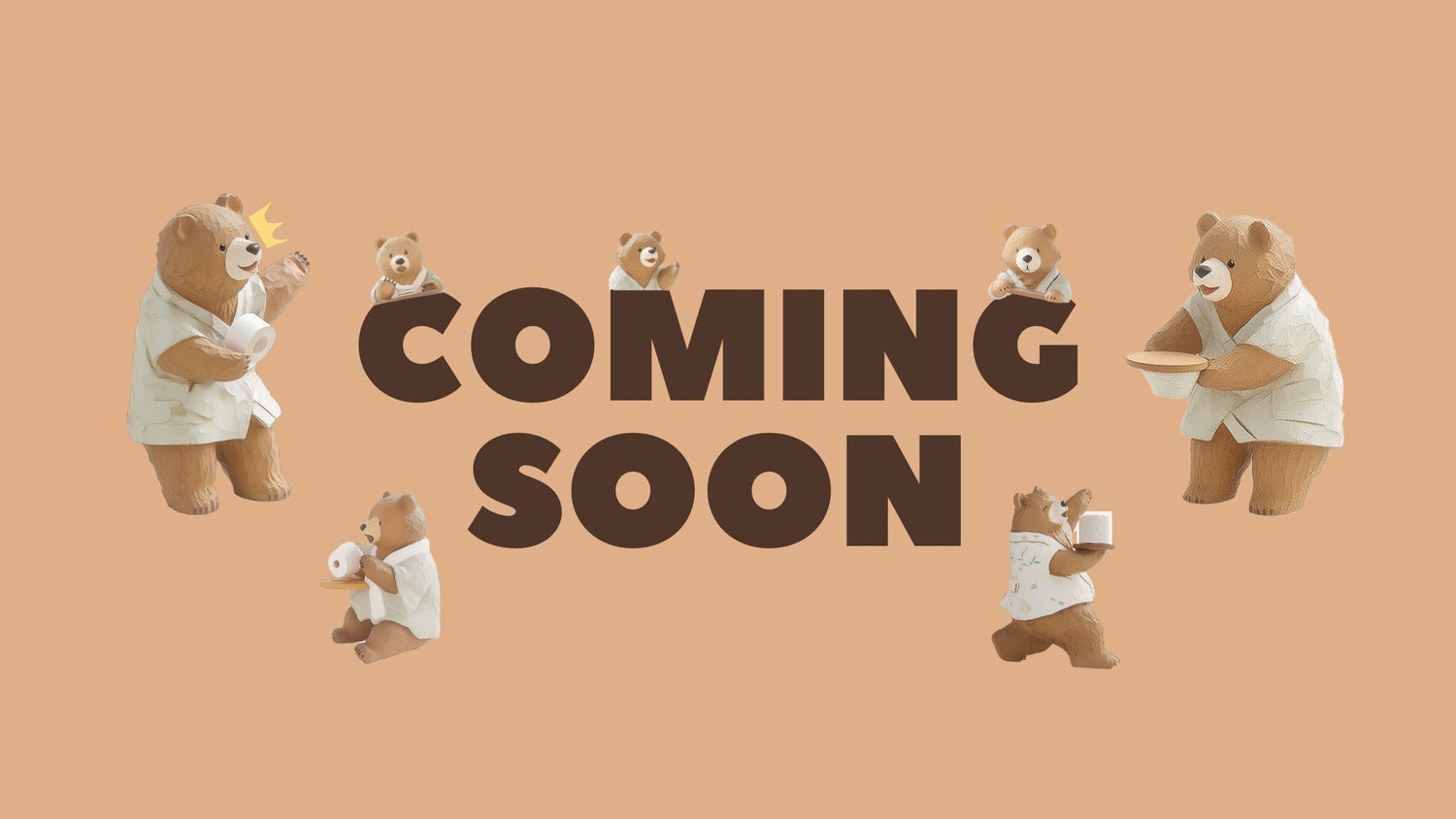 Illustrations of bears in various poses with 'COMING SOON' text on a beige background